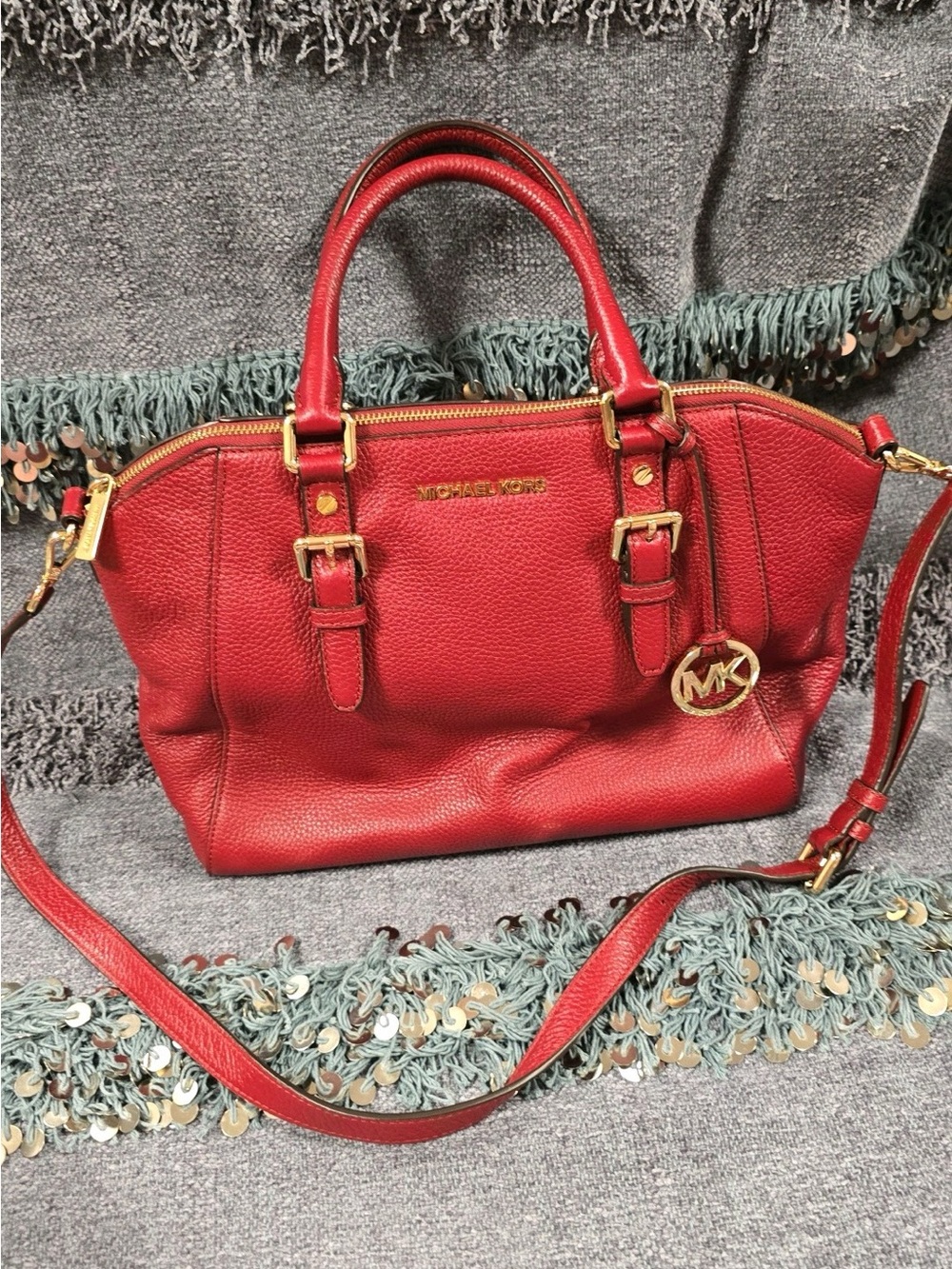 Michael Kors Red Pebbled Leather Satchel with Gold Hardware